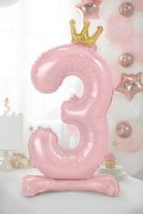 PartyDeco Fóliový balón číslo se stojanem 3 růžový 84cm