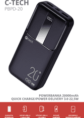 C-Tech Powerbanka C-tech 20000mAh, Li-Pol, 22,5W, USB-C/USB-A/micro USB
