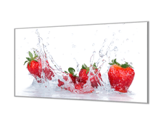 Glasdekor Ochranná deska červené jahody ve vodě - Ochranná deska: 65x65cm, Lepení na zeď: S lepením na zeď