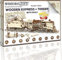 Wooden city 3D puzzle Dřevěný Express s tendrem a kolejemi 580 dílů