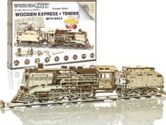Wooden city 3D puzzle Dřevěný Express s tendrem a kolejemi 580 dílů