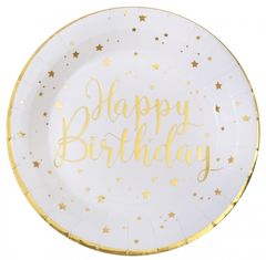 Papírové talíře Happy Birthday bílo-zlaté 23cm 10ks