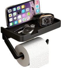 Camerazar Nástěnný držák na toaletní papír s poličkou, matná černá, nerezová ocel, 17.6x9.5x2 cm
