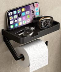 Camerazar Nástěnný držák na toaletní papír s poličkou, matná černá, nerezová ocel, 17.6x9.5x2 cm