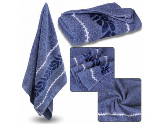 sarcia.eu Modrý bavlněný ručník s ozdobnou výšivkou, listy osušky 70x135 cm