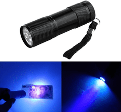 Camerazar Mini UV detektorová svítilna, černá hliníková slitina, 9 LED diod, 87x26 mm