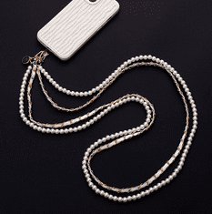 Camerazar Přívěsek na telefon s perlami a klíčenkou, bílá barva, zlatý hardware, 120 cm