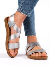 Amiatex Pohodlné sandály stříbrné dámské na plochém podpatku, Srebrny, 40