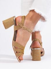Amiatex Moderní sandály dámské zlaté na širokém podpatku, odstíny žluté a zlaté, 40