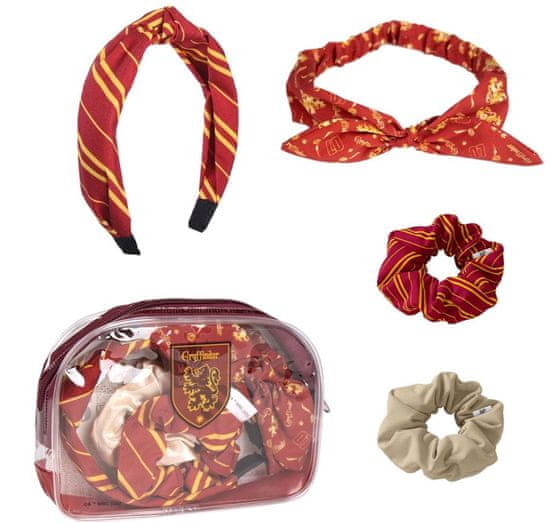 CurePink Doplňky do vlasů v kosmetické tašce Harry Potter: Nebelvír (set 4 kusů|gumičky a čelenky)