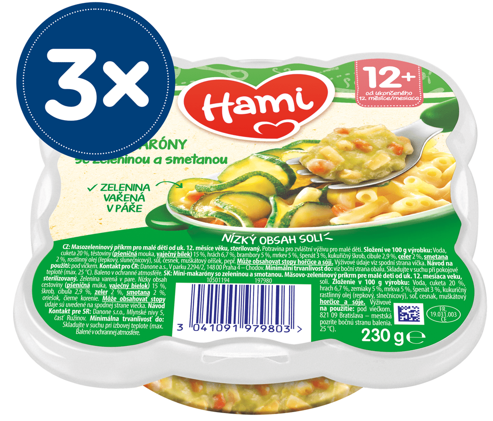 Hami Mini-makaróny se zeleninou a smetanou 12+, 3 x 230 g