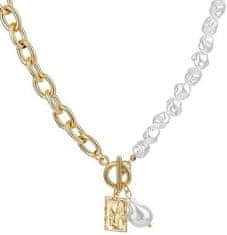 Camerazar Dámský řetízkový náhrdelník s perlami, délka 50 cm, velikost přívěsku 2 cm x 1,5 cm, žluté zlato