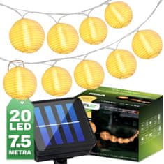 LUMILED Solární zahradní svítidlo LED světelný řetěz 7,59m GIRLANDA RISA s 20x LED dekorativní lucerny 3000K Teplá bílá