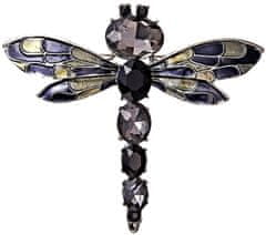 Camerazar Elegantní Brož Vážka s Černými Krystaly, Šperkařská Slitina, 6x5.5 cm
