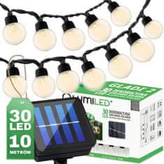 LUMILED Solární zahradní svítidlo LED světelný řetěz 10,60m GIRLANDA GLADI 2 s 30x LED dekorativní koule 3000K Teplá bílá