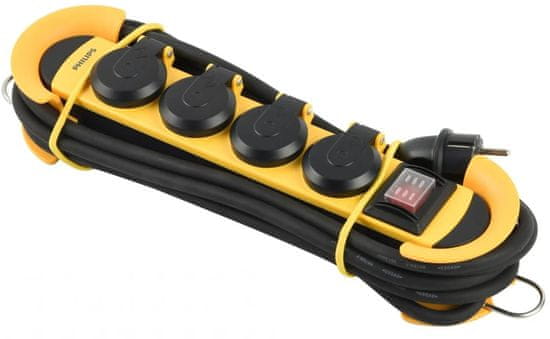 Philips prodlužovací kabel 230V, 3m, 4 zásuvky + vypínač, IP44, žlutá/černá