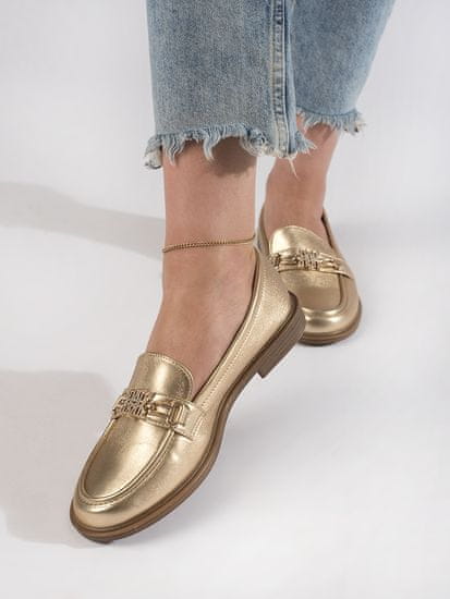 Amiatex Klasické dámské mokasíny zlaté na plochém podpatku + Ponožky Gatta Calzino Strech
