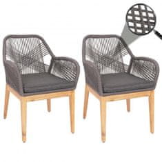MCW Sada 2 zahradních židlí H56b, křeslo venkovní židle područky, odolné proti povětrnostním vlivům proutí dřevo akácie ~ šedá polštář antracitová