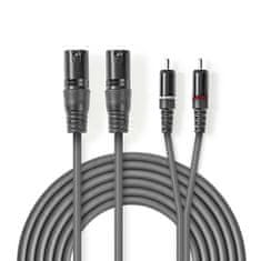 Nedis Vyvážený audio kabel | 2x XLR 3kolíkový samec | 2x RCA samec | Poniklovaný | 3,00 m | Kulatý | PVC | Tmavě šedá | Kartonový rukáv 