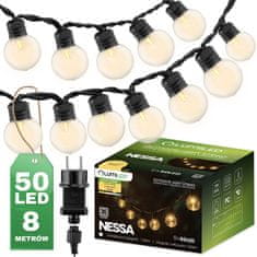 LUMILED Zahradní svítidlo LED světelný řetěz 8m GIRLANDA NESSA s 50x LED dekorativní koule 3000K Teplá bílá