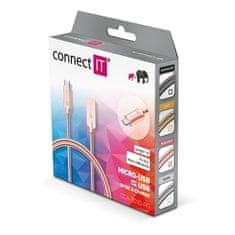Connect IT USB kabel Wirez Steel Knight MicroUSB, 1m, ocelový, opletený - růžový/ zlatý