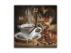 Glasdekor Nástěnné hodiny 30x30cm rozsypaná káva, bílý šálek - Materiál: kalené sklo