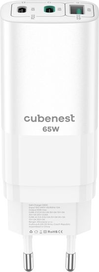CubeNest síťová nabíječka S3D0, PD, GaN, 65W, 2x USB-C, 1x USB-A, bílá
