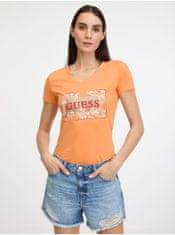 Guess Oranžové dámské tričko Guess Logo Flowers L
