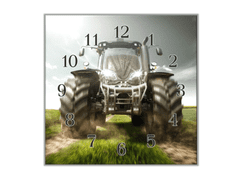 Glasdekor Nástěnné hodiny 30x30cm traktor na polní cestě - Materiál: kalené sklo