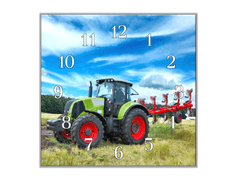 Glasdekor Nástěnné hodiny 30x30cm traktor Claas na poli - Materiál: kalené sklo