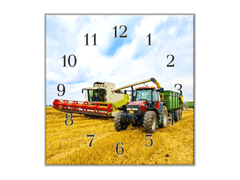 Glasdekor Nástěnné hodiny 30x30cm traktor a kombajn na poli - Materiál: kalené sklo