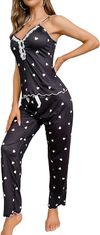 VIVVA® Dámské pyžamo s krajkovými detaily a srdíčkovým vzorem, Dlouhé Pyžamo, Dámská Pyžama | LUNAR Dlouhé (Černá, XL)