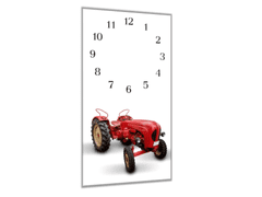 Glasdekor Nástěnné hodiny 30x60cm červený traktor veterán - Materiál: kalené sklo