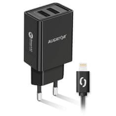 Aligator Nabíječka do sítě 2, 4A, 2xUSB, smart IC, USB kabel pro Apple - černá