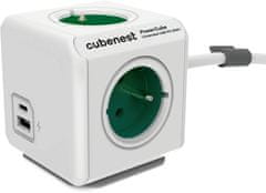 CubeNest PowerCube Extended prodlužovací přívod 1,5m, 4 zásuvky + USB A+C PD 20 W, zelená