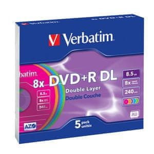 Verbatim DVD+R DL 8,5GB 8X COLOUR SLIM CASE 5pck/bal