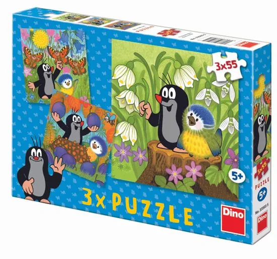Dino Krteček a ptáček puzzle, 3x 55 dílků