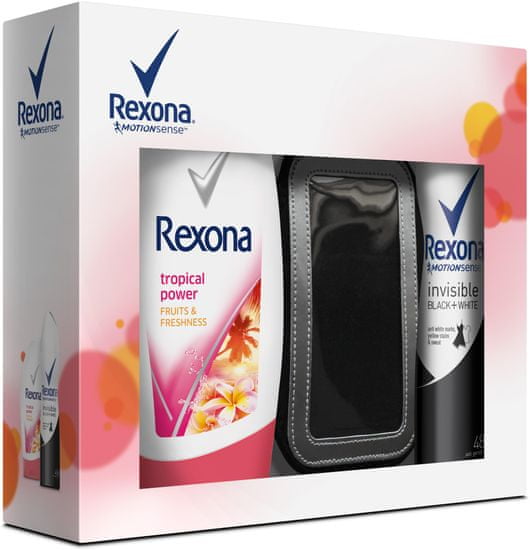 Rexona Dárková kazeta deospray Black&White + sprchový gel Tropical Power + sportovní pouzdro na telefon 150 ml + 250 ml