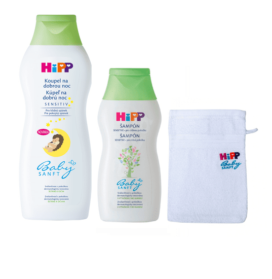 HiPP HiPP Babysanft Pěna do koupele „Na dobrou noc“ 350ml + Jemný šampon 200ml + žínka zdarma
