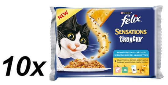 Felix Sensations Crunchy v želé s lososem, tuňákem a křupavou posypkou 10 x (3 x 100g + 12g Crunchy)