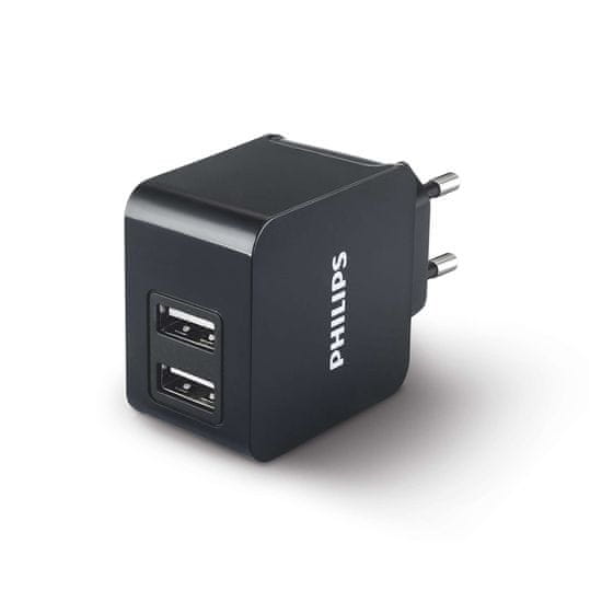 Philips cestovní nabíječka 2 USB, 3.1 A, černá