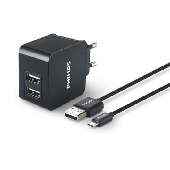 Philips cestovní nabíječka 2 USB, 3,1 A, černá - zánovní