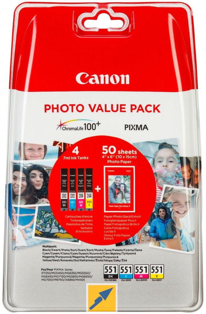 Levně Canon CLI-551CMYBK, Multipack + 50x PP-201 photopaper (6508B005), barevná