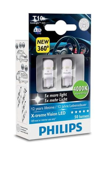 Philips X-tremeVision LED T10, hřejivá bílá, 4000 K, 2 ks