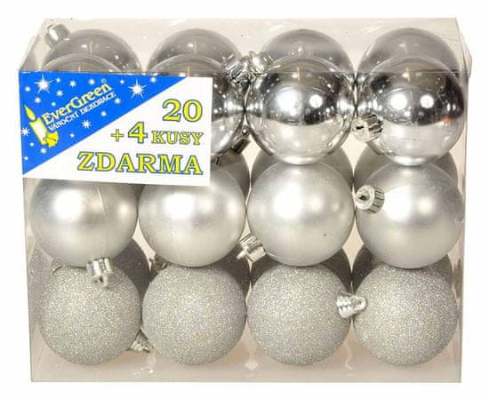 EverGreen Sada koulí 3 dekory 24 ks stříbrná
