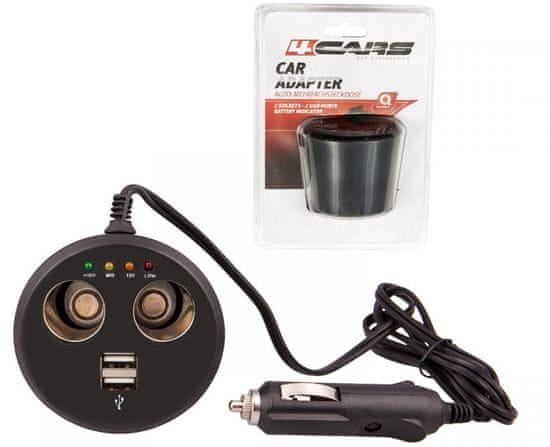 4Cars Rozdvojka zapalovače 12V s USB a testrem baterie