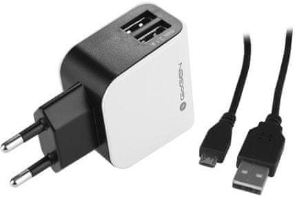 GoGEN nabíječka ACH 201 C, 2 x USB port + 120 cm microUSB kabel, 2,1 A + 1 A, černá / bílá