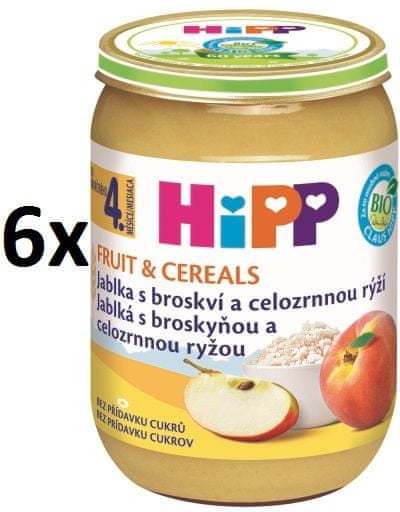 HiPP BIO Jablka s broskví a celozrnnou rýží - 6 x 190 g