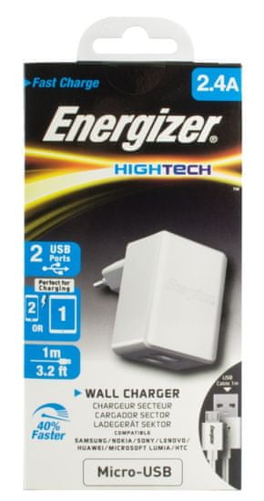 Energizer Nabíječka HighTech, 2 USB, micro-USB kabel, 2,4A, bílá