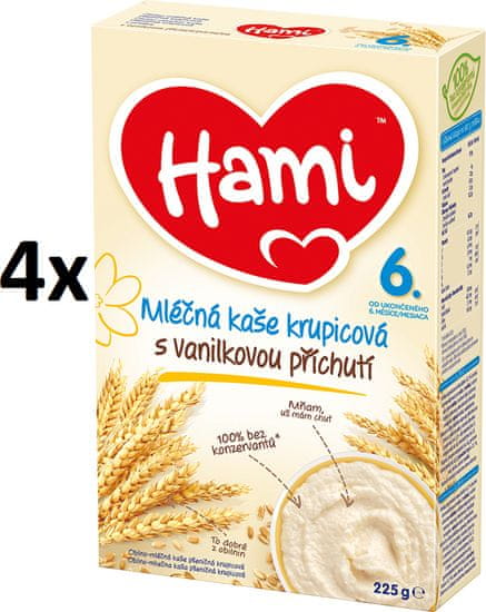 Hami Mléčná kaše krupicová s vanilkovou příchutí 4x 225g, 6+